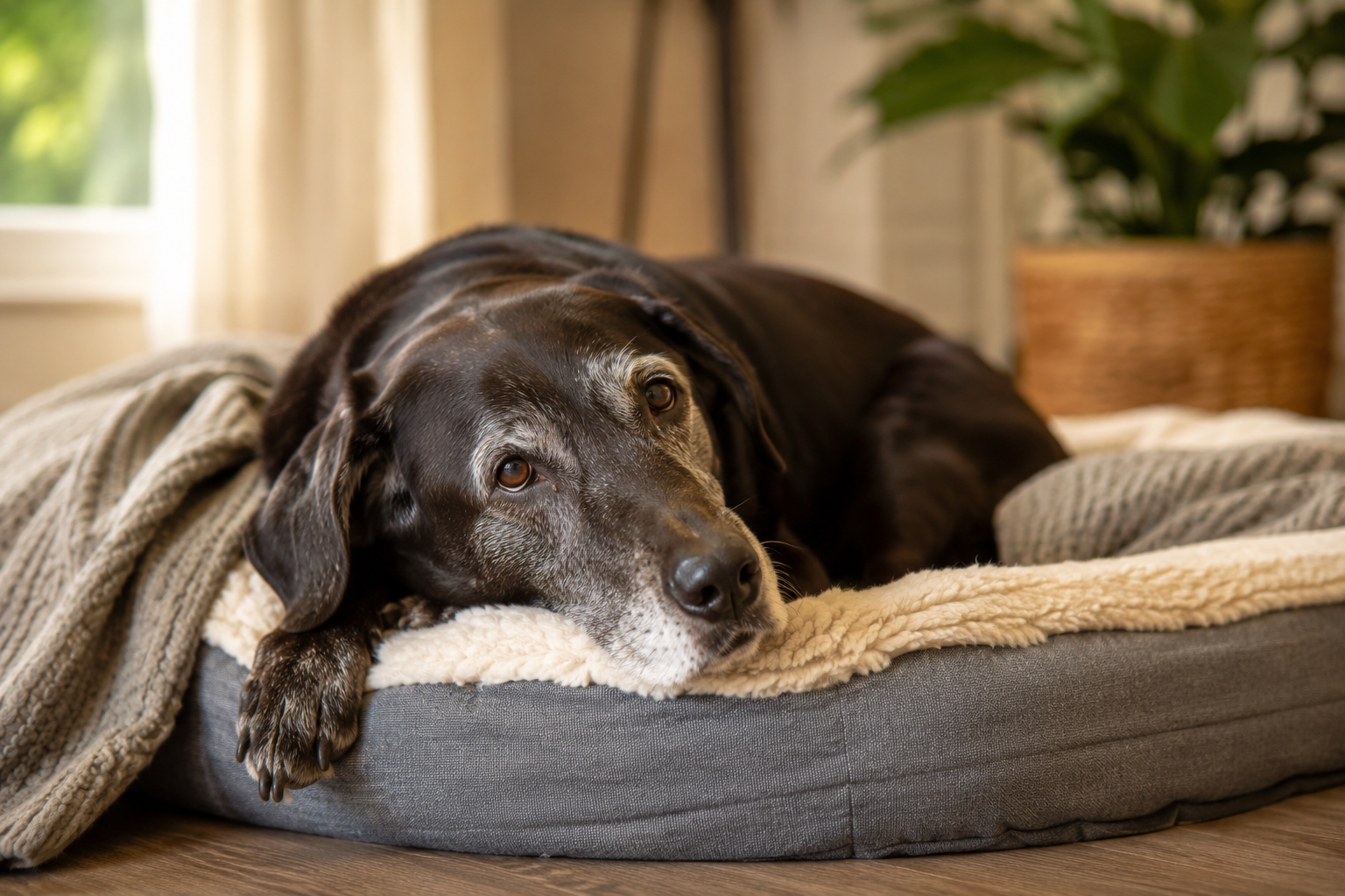 Perro mayor descansando cómodamente en su cama
