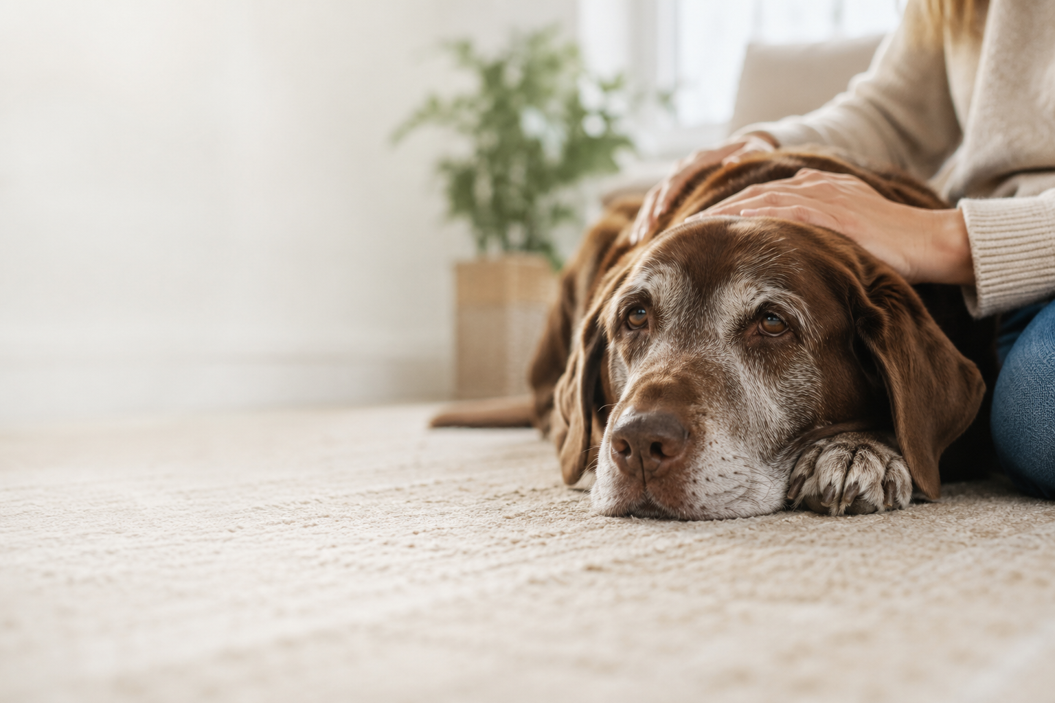 Perro sénior descansando junto a su propietario en casa