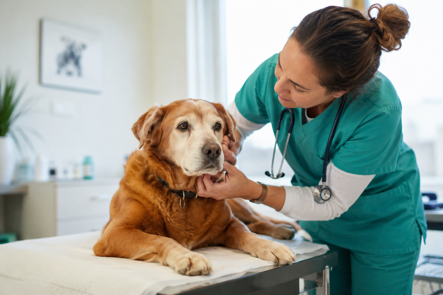 Veterinaria realizando una revisión a un perro sénior